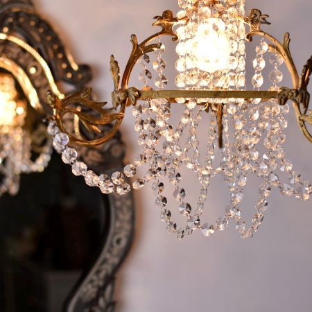 Vintage Italian Style Brass Enameled Chandelier with Clear Garland Strands - 2 cm Drops